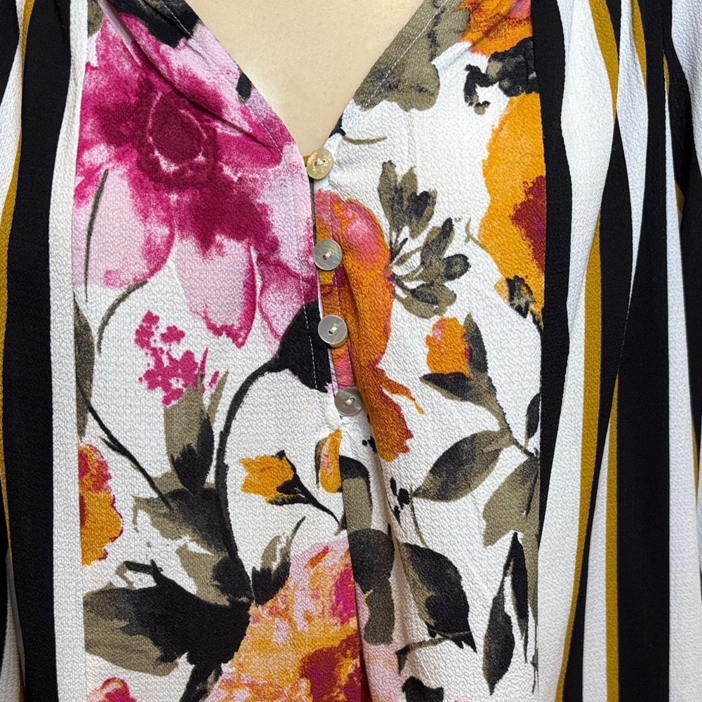 Fig and Flower Anthropologie Boho Mix Print Floral Striped Peasant Blouse Size L - Picture 4 of 10